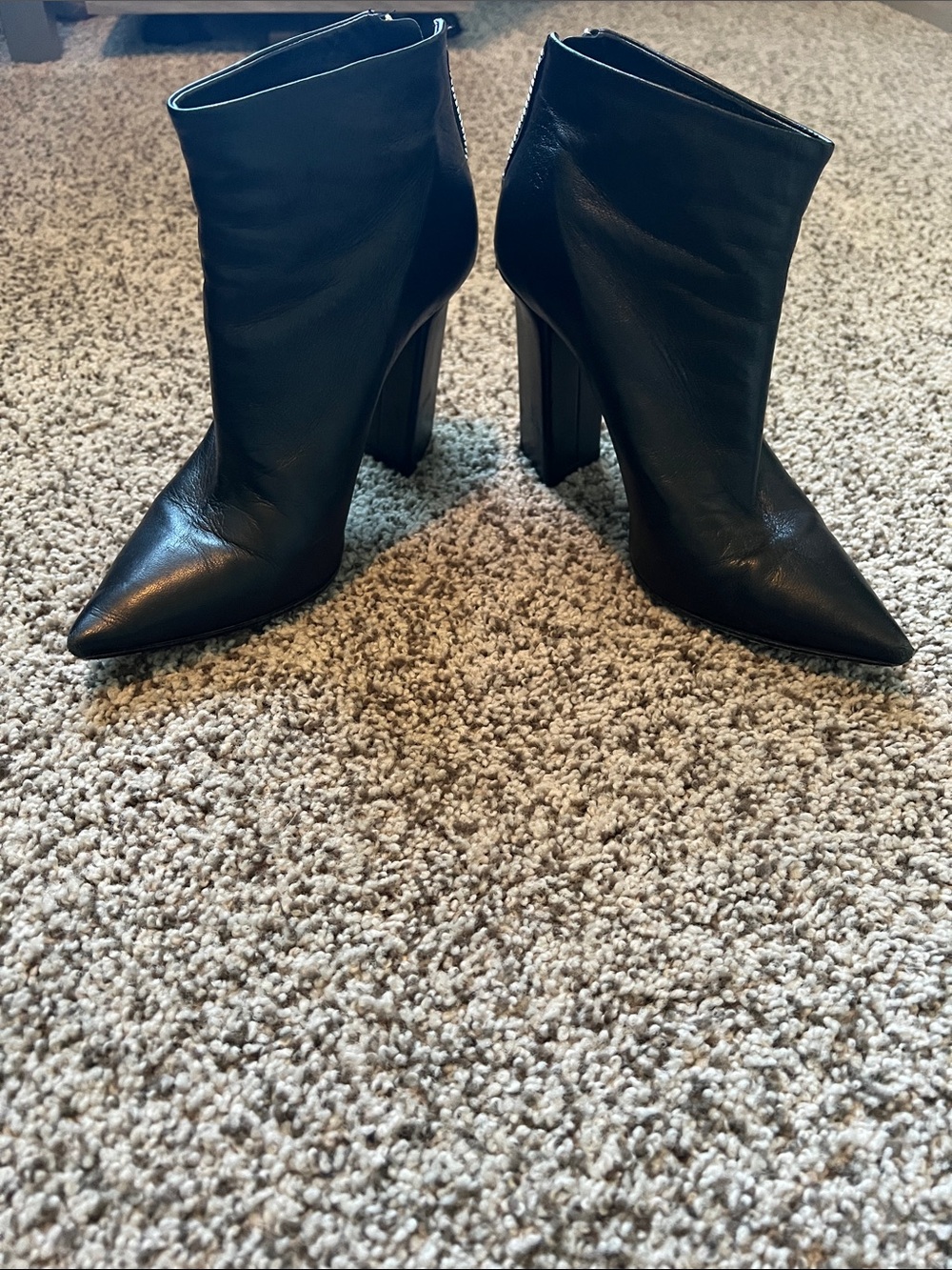 Tamara Mellon Black Pointed Leather Ankle Booties with Block Heel